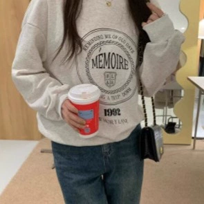 韩国外贸秋冬季新款卫衣圆领秋冬款印花宽松慵懒风卫衣女上衣加绒