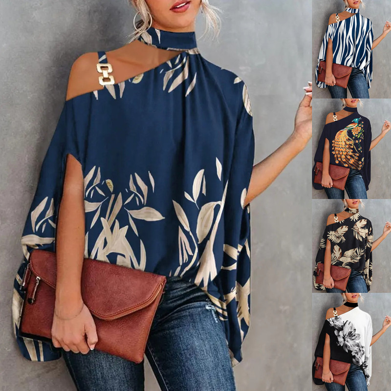 2022 independent station wish Amazon explosions summer neck bat sleeve printed shirt ladies shirt women's clothing