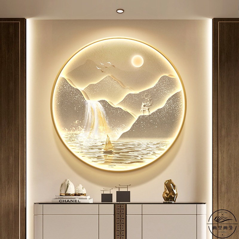 轻奢入户门玄关圆形装饰画流水生财山水画走廊过道壁画高级感挂画