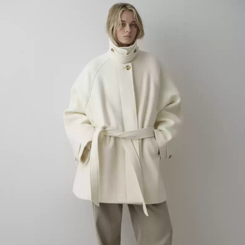 In Stock 2025 Winter New Korean Dongdaemun Style Tie-Waist Slimming Stand Collar Mid-Length 80% Wool Coat Jacket