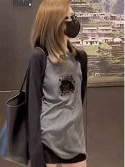 中长款t恤女美式复古插肩撞色长袖秋冬季打底衫宽松洋气百搭上衣