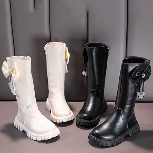 Children's Velvet Long Boots 2022 Autumn and Winter New Girls' Boots Fashion Bow Leather Boots Stylish High-Barrel Cotton Boots Trendy