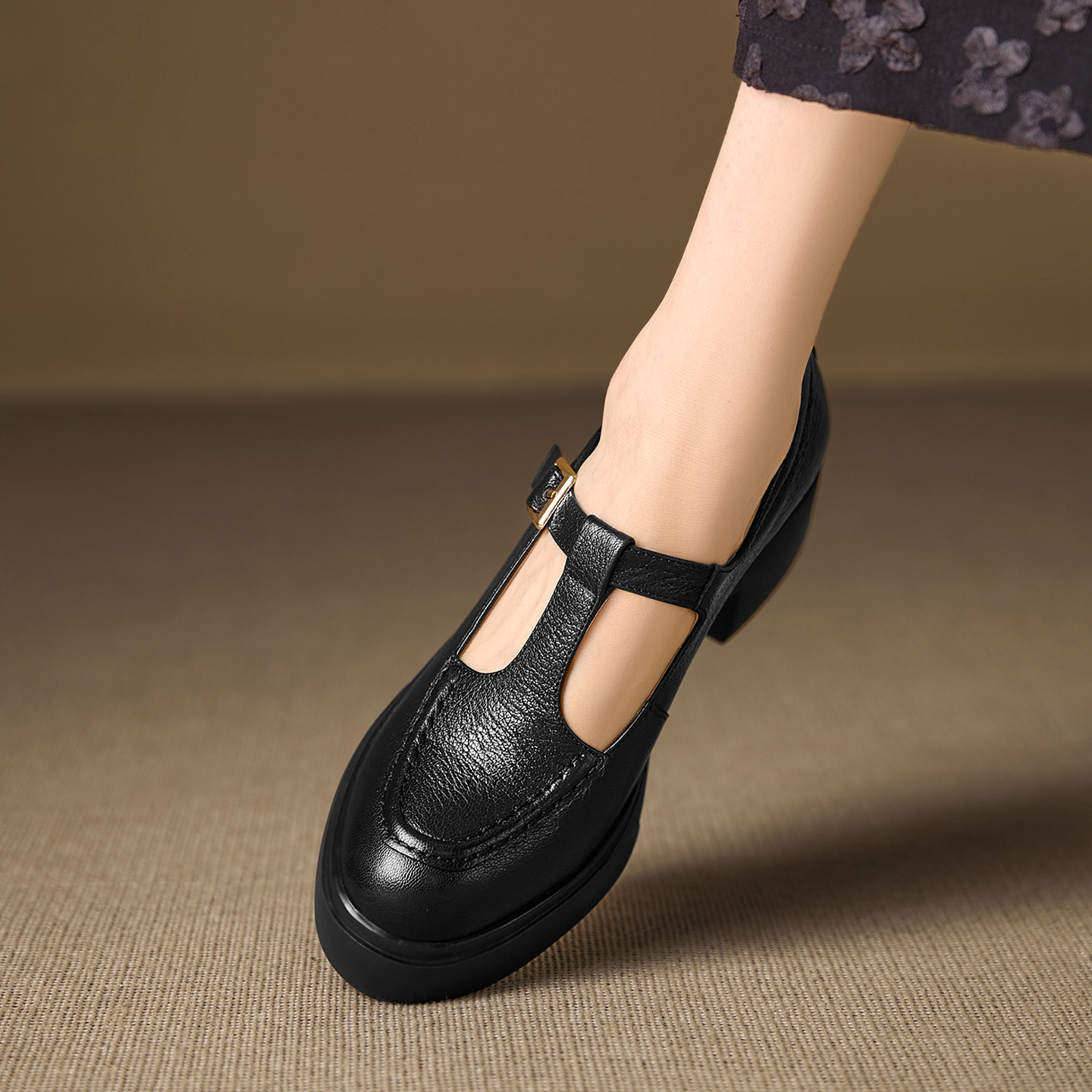 Giày Mary Jane nữ da cừu đế dày gót vuông 6,5 cm quai ngang khóa — đen