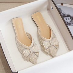 半拖鞋女夏外穿2024新款平底後空單鞋水鑽懶人包頭鞋大碼鞋41一43