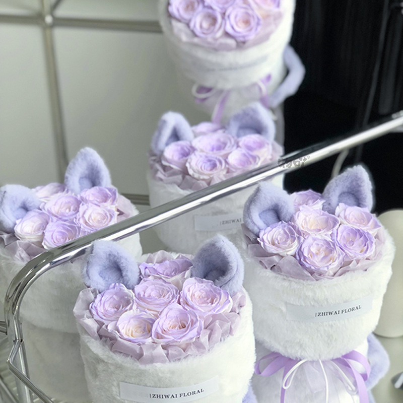 Ramo de Flores Preservadas con Orejas de Gato, Producto Terminado, Regalo de Alta Gama para el Día de San Valentín para Novia, Regalo Creativo y Lindo al por Mayor