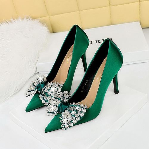 3391-2H9 European and American style fashion banquet high heels stiletto heel satin shallow mouth pointed toe rhinestone bow single shoes for women