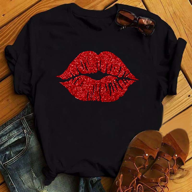 圣诞节印花T恤 Sexy Red Lips Print Women Tshirts  Women Casu