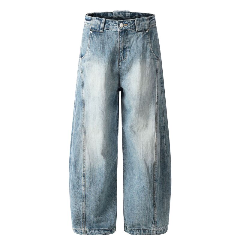 G6656 American Retro Neutral High-End Washed Blue Bamboo Pattern Design Men's Loose Scimitar-Shaped Jeans