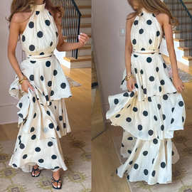 欧美跨境外贸独立站2025新款波点印花挂脖无袖上衣蛋糕半身裙套装
