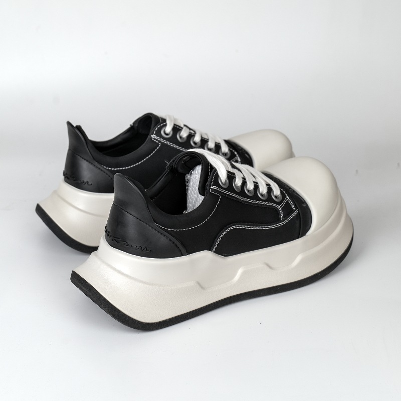 Chaussures en cuir noir mat pour femmes, chaussures décontractées noires à lacets, semelle épaisse augmentant la hauteur, retournées_voghion.com