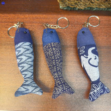 创意泰国特色民族风棉麻布艺小鱼钥匙圈饰品蓝布小鲤鱼包包挂件