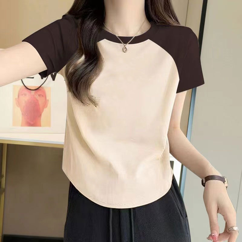 95 Cotton 2024 Summer Slim Round Neck Contrast Color T-shirt Cotton Elastic Slim-fit Short Raglan Sleeve Base Top for Women