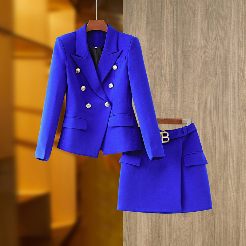 In-Stock Spring and Autumn New Cross-Border Trendy Dark Blue Blazer with B-Button Skirt Set for Women, Suitable for Office Wear