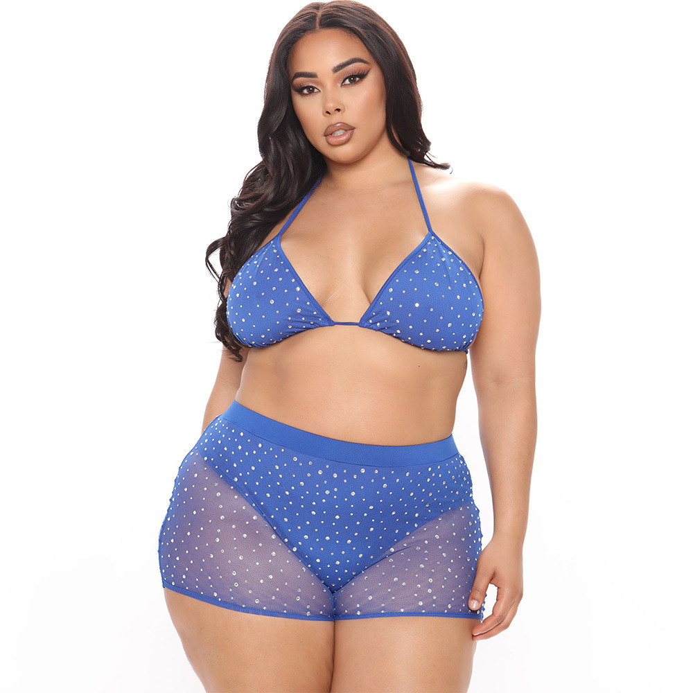 Women Clothing Sexy Tight Mesh See-through Drilling Two-Piece Set for Women