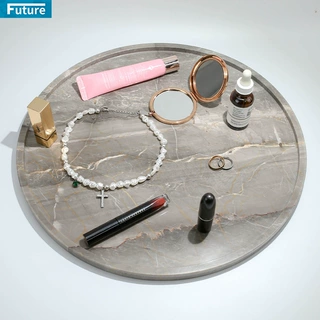 工厂家定制天然大理石石材灰色圆形托盘置物黑白绿底座摆件家居