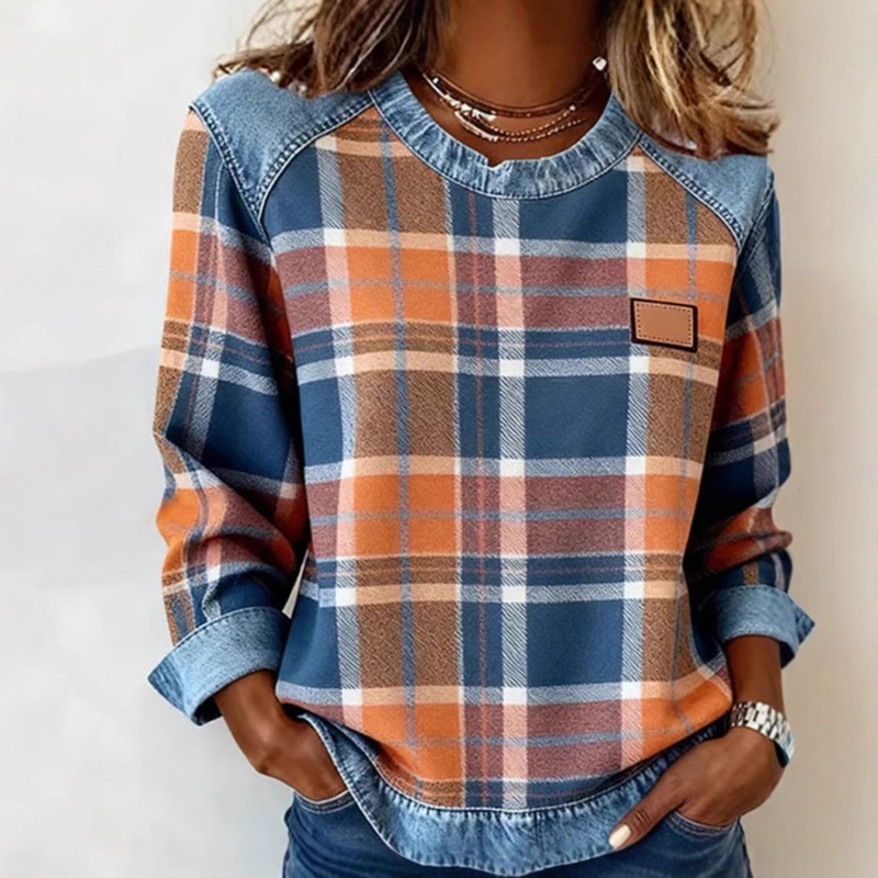 2025 Amazon Cross-Border New Plaid Stitching Denim Round Neck Loose Women's Sweatshirt Source Factory Store 2025 Amazon Cross-Border New Plaid Stitching Denim Round Neck Loose Women's Sweatshirt Source Factory Store