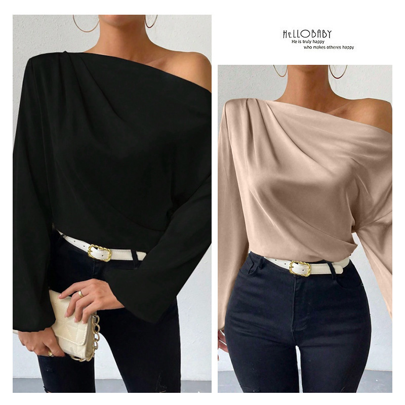 Camisa de manga larga con diseño de hombros inclinados, jersey asimétrico para mujer, largo de satén de color puro europeo y americano transfronterizo de Amazon