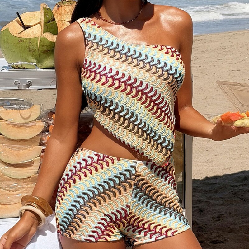 Cross-Border European and American Women's Colorful Shoulder-Strap Tube Top Style Vacation Sexy Beach Two-Piece Bikini Set