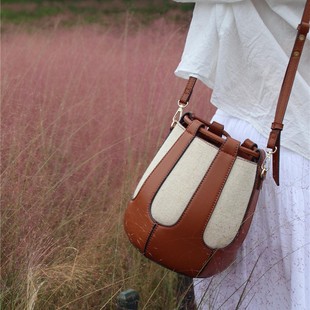 Spanish Women's Bag Cross-border 2024 New High-grade Cylinder Canvas Contrast Color Stitching Single-shoulder Commuter Crossbody Bucket Bag