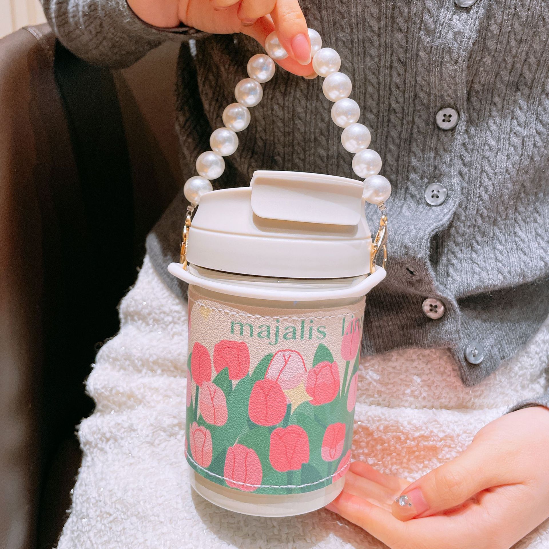 Tulip Vacuum Cup Girl 316 Stainless Steel Cup with Straw Good-looking Portable Girl Double Drinking Cup Ins Gift