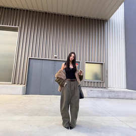 低腰美式绿色阔腿工装裤女2025春vibe宽松遮肉个性潮流裤子ins