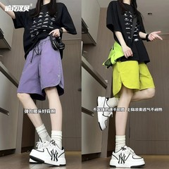 2025夏の薄いショートパンツの女性のカジュアルなゆったりとしたカジュアルパンツの女性のシンプルなボタンのオープン5分のストレートパンツの女性