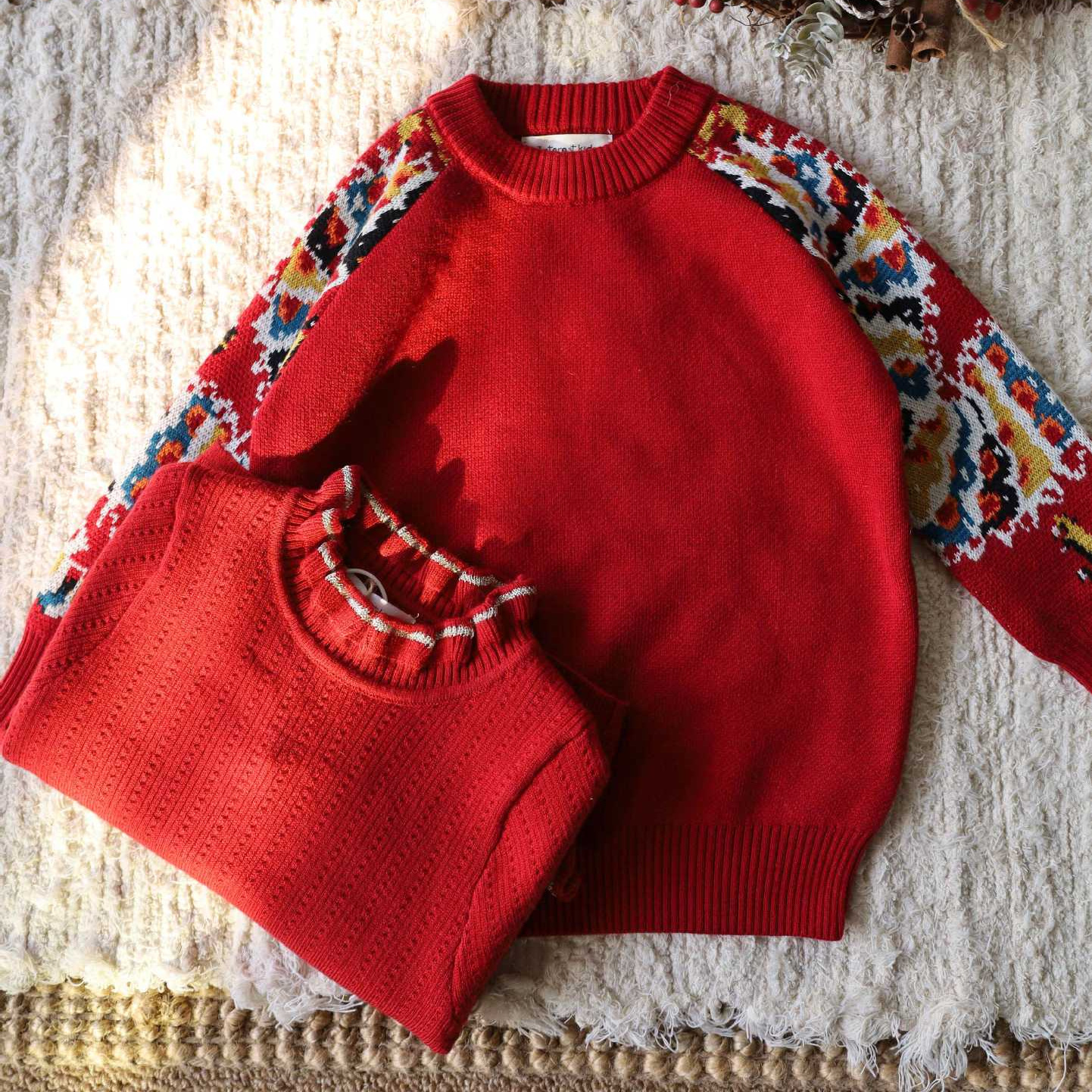 In Stock, New Style for Boys and Girls, New Year's Eve Festive Embroidered Red Sweater, Cute Woolen Sweater, Thick Pullover Top