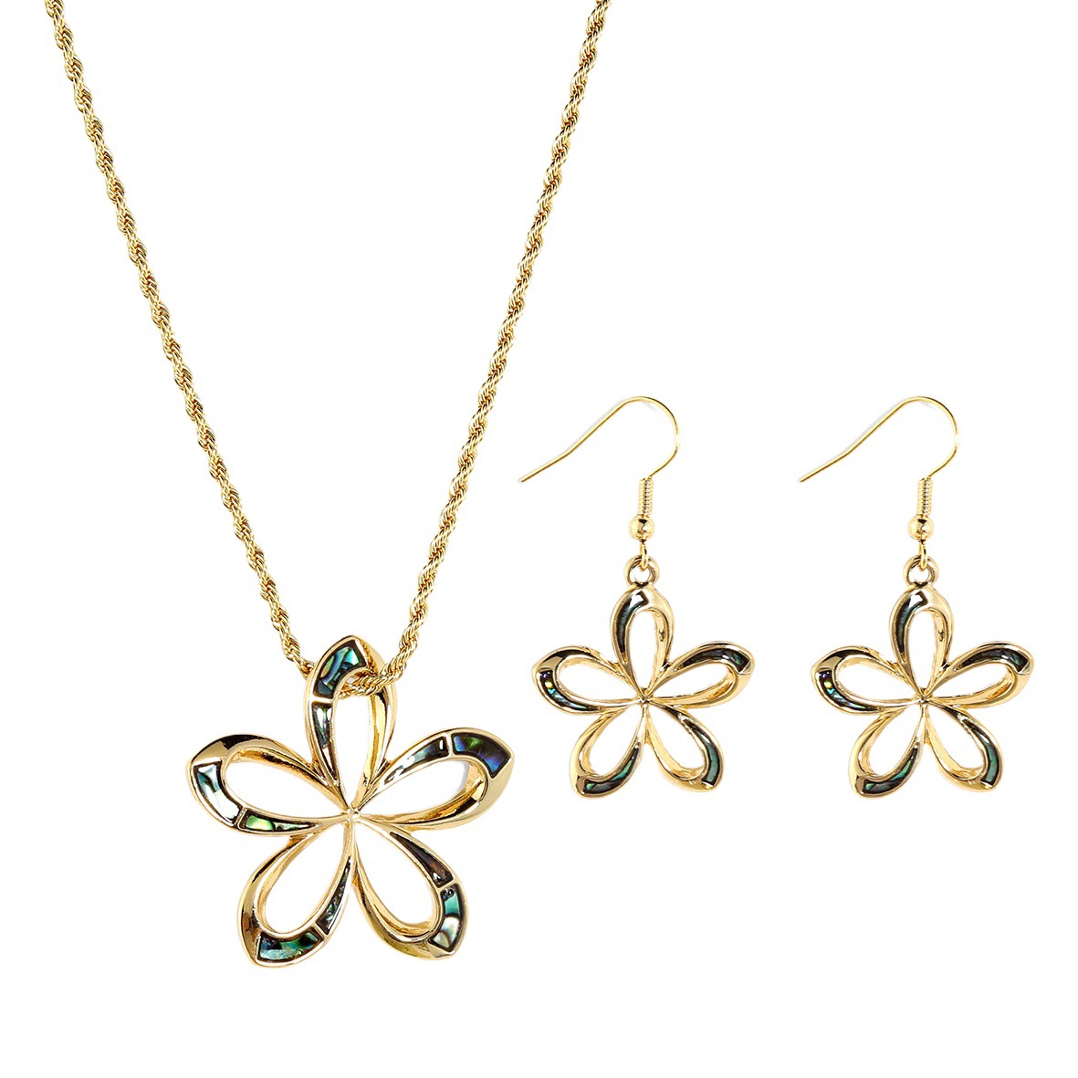 Conjunto minimalista de joyería con concha natural de abulón, flor dorada galvanizada estilo vacaciones de playa