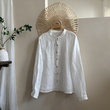 9963-2 女式亚麻衬衫立领上衣长袖衬衣白色~舒适版