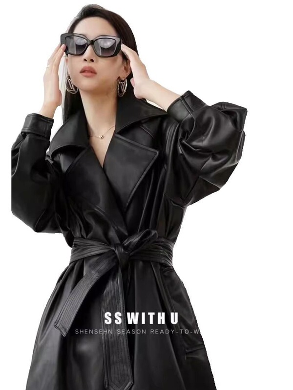 Spring 2024 New Mid-length Leather Jacket Women's Fashionable Over-knee Artificial Leather Coat Hong Kong Style Coat Spring 2024 New Mid-length Leather Jacket Women's Fashionable Over-knee Artificial Leather Coat Hong Kong Style Coat