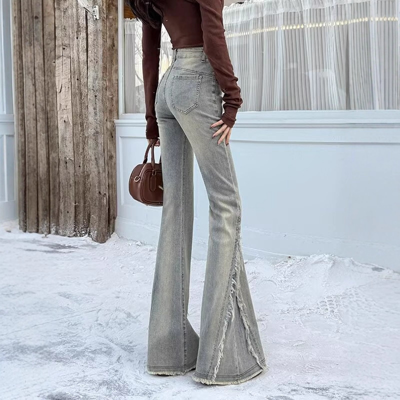 High-Waisted Micro-Flared Stretch Jeans for Women, Low-Waisted 2025 Spring New Hot Girl Design Horseshoe Long Pants