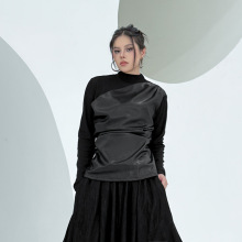 美式辣妹时尚拼接PU皮修身半高领打底衫秋季新款显瘦洋气长袖上衣