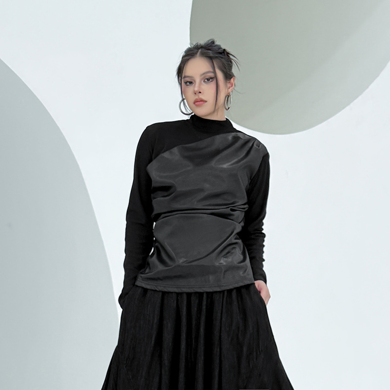 美式辣妹时尚拼接PU皮修身半高领打底衫秋季新款显瘦洋气长袖上衣