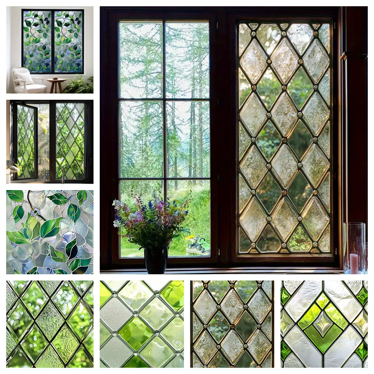 复古欧式绿野仙踪感绿叶森林玻璃贴窗户商超可移除PVC静电玻璃贴