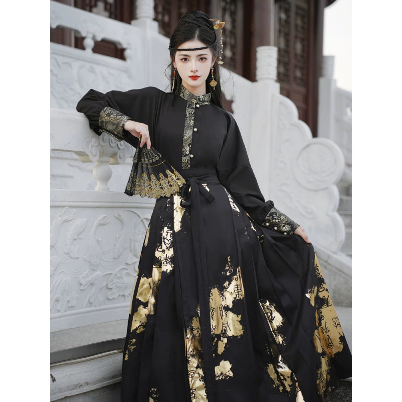 6511 настоящий выстрел китайский стиль Hanfu Han Element вышивка с длинным рукавом + крутой черный стиль боевых искусств древний стиль конь юбка ценовой предел 40 +