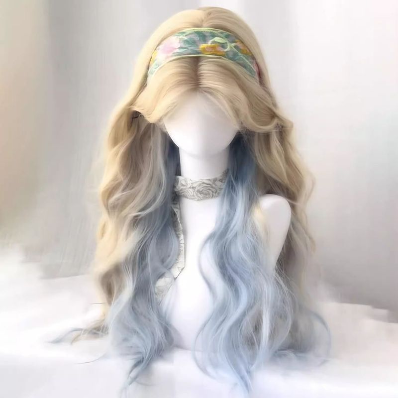 Fake Hair Female Cheese Sea Salt White Golden Gradient Blue Realistic Natural Full Headband Big Wave Long Curly Wig Set