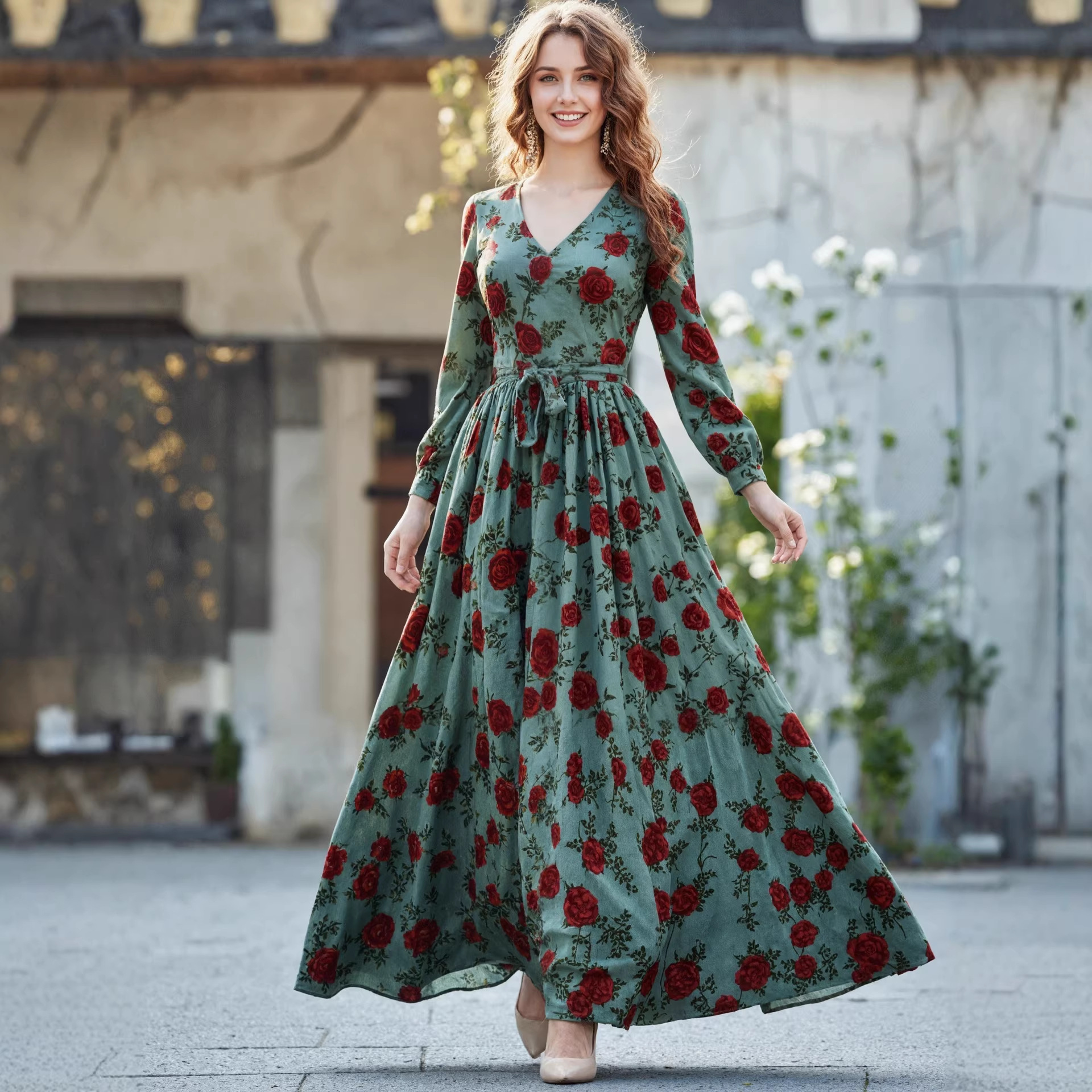 Women's Retro Elegant Slimming Printed Dress V Neck Long Sleeve Charming Fashionable_ecoleips.com