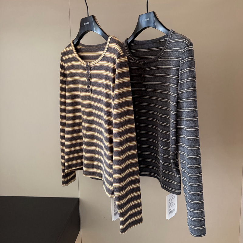 26915M 2026 Autumn New Women's Striped Long-Sleeve T-Shirt Versatile Round Neck Button-Down Base Layer Top 26915M 2026 Autumn New Women's Striped Long-Sleeve T-Shirt Versatile Round Neck Button-Down Base Layer Top