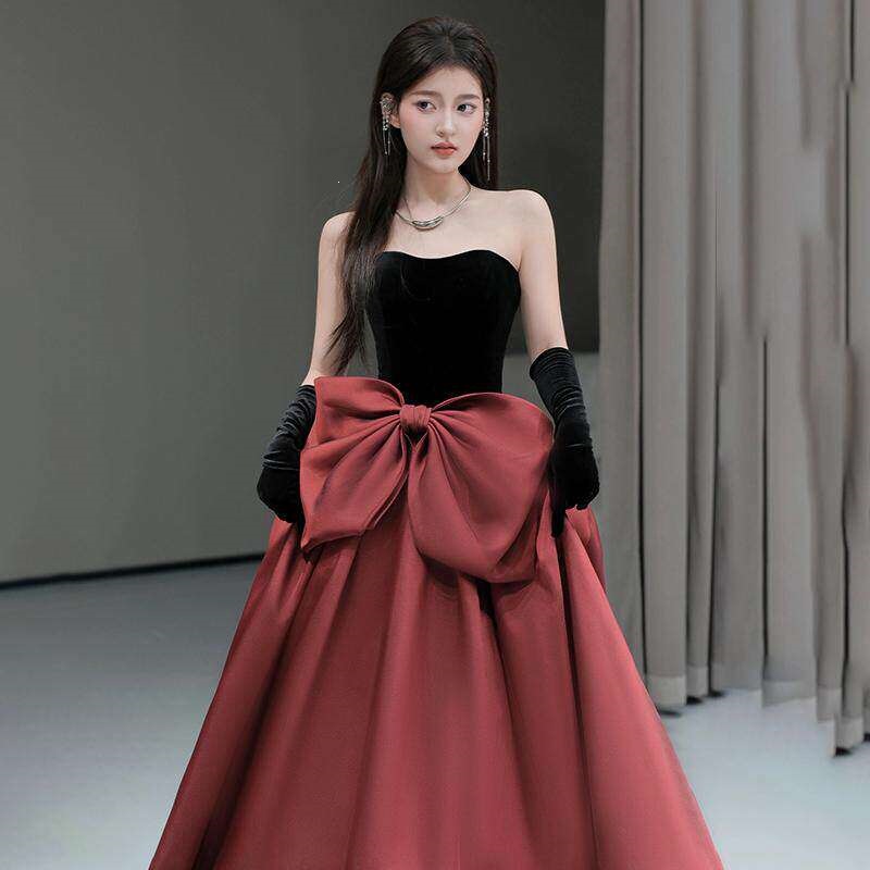 Đầm dạ hội ôm body nữ cổ yếm phong cách Pháp — Đỏ rượu, Hồng