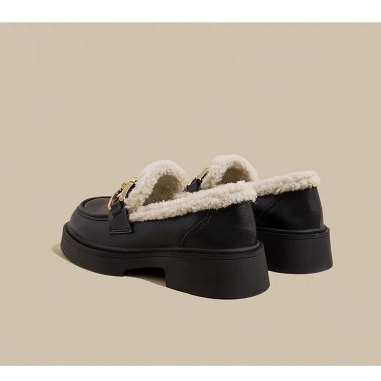 Authentic Genuine Leather Fleece-Lined Loafers for Women, New Autumn and Winter Thick-Soled Snow Boots, Warm Hepburn-Style Cotton Shoes, Furry Shoes for Women