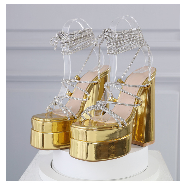 Dép sandal cao gót La Mã đính đá Rhinestone, quai dây buộc cỡ lớn — Màu đen chi tiết 12