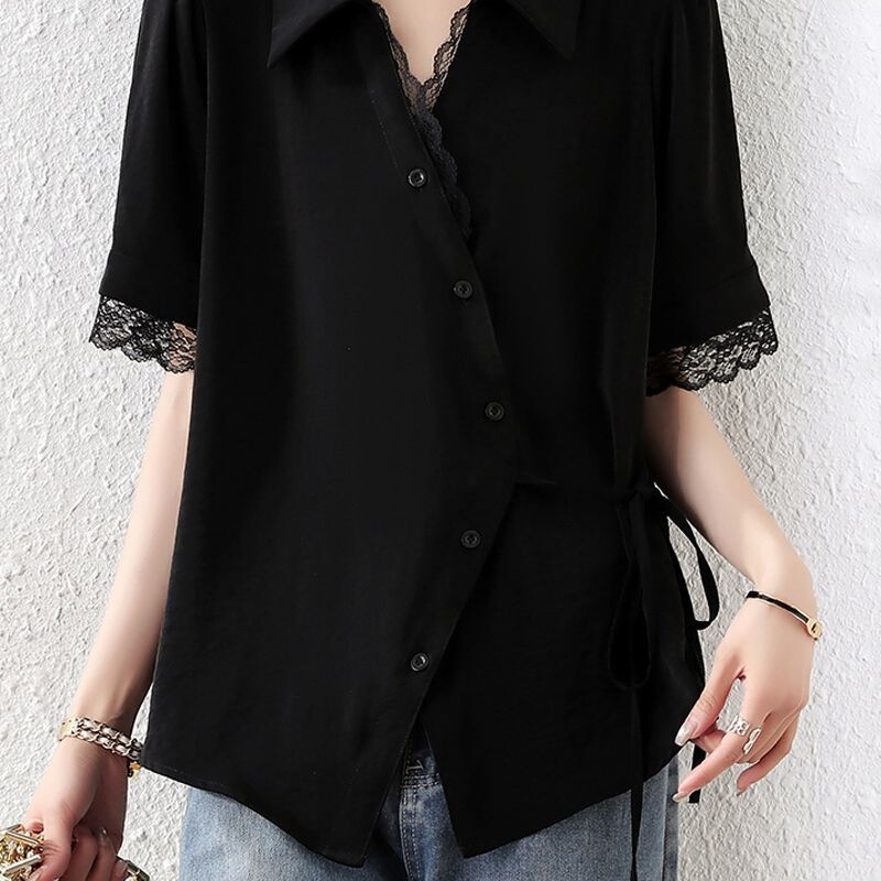 Lace Irregular Waist-Tie Shirt for Women, Summer Plus-Size Women's Short-Sleeve Stylish Patchwork Blouse Top