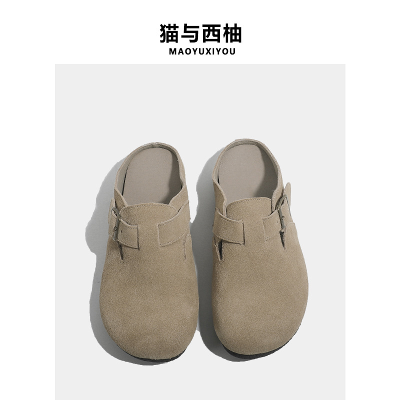 Boken slippers women's suede flat spring and autumn 2024 New retro metal buckle lazy Boken half slippers outer wear Boken slippers women's suede flat spring and autumn 2024 New retro metal buckle lazy Boken half slippers outer wear