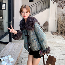 港风复古羊羔毛拼接牛仔羽绒外套女冬季2025新款小个子爆款高级感