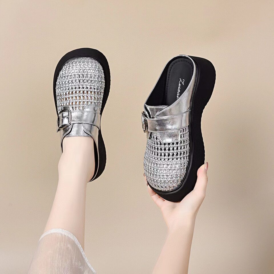 Dép nữ đế dày mũi kín khoét lỗ da thật kiểu Birkenstock — đen chi tiết 5