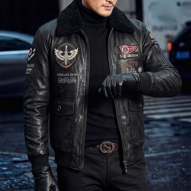 New American-style pilot leather jacket, genuine leather, motorcycle style, men's clothing, sheepskin, suitable for spring and autumn, versatile outerwear New American-style pilot leather jacket, genuine leather, motorcycle style, men's clothing, sheepskin, suitable for spring and autumn, versatile outerwear