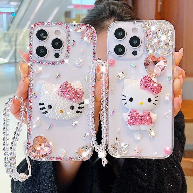 适用苹果16promax手机壳iPhone15Pro镶钻珍珠KT猫14保护套带挂绳