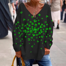 2024春季欧美跨境女士卫衣幸运三叶草3D印花女装V领长袖短款上衣