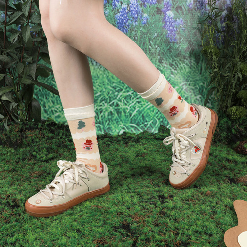 Socks for women spring and summer new rabbit cartoon combed cotton cute pastoral style mid-calf socks sweat-absorbent and deodorant women's socks