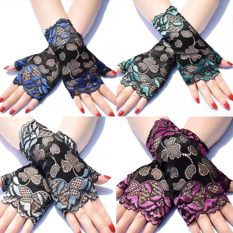 Women's lace thin elastic half-finger sun protection gloves, fingerless mesh ice silk gloves for driving and covering scars in spring and summer